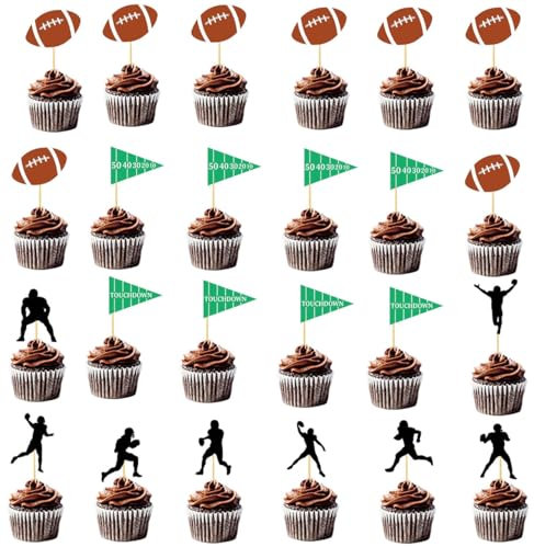 24 pcs Football Cupcake Toppers Rugby Ball Sport Super Ball Cupcake Toppers For Boys Birthday Party