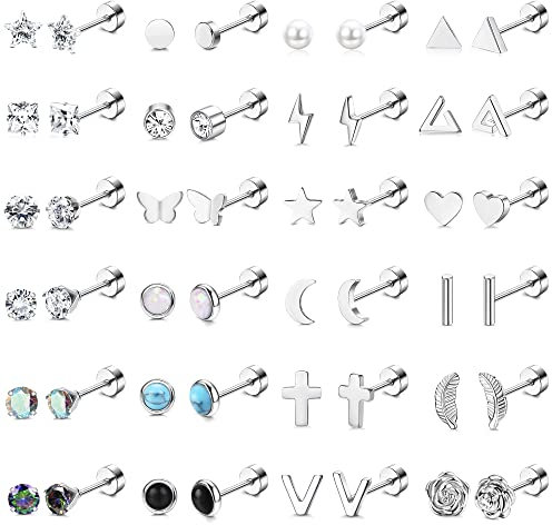 JeweBella 24Pairs Kleine Ohrstecker Damen Set Chirurgenstahl Knorpel Helix Ohrringe Hypoallergen Stern Mond Perle Flache Rückseite Ohrringe Zirkonia Piercing Ohr Ohrstecker Set für Damen Mädchen