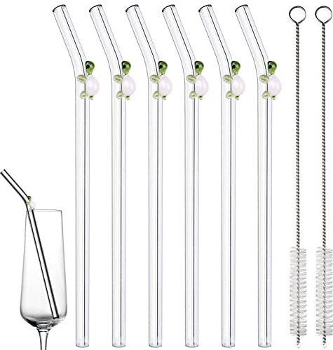 Green Turtle Design Glass Straws - 6-Pack, 2 Cleaning Brushes, Bent, 0.31x7.9, Perfect for Drinks - Dishwasher Safe