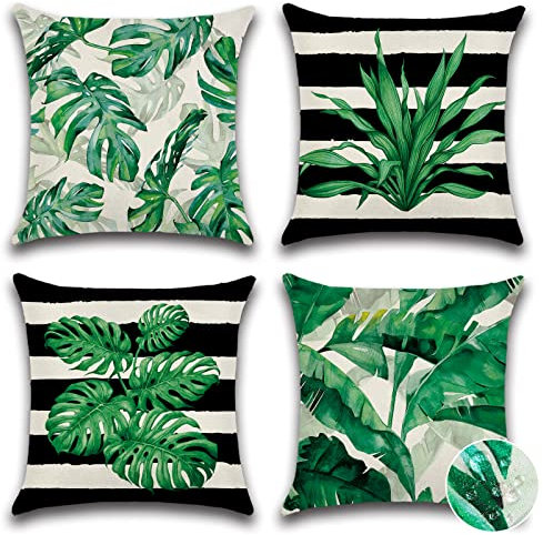 Ohok Wasserdicht Kissenbezug 45x45 cm, 4er Set Dekorativ Outdoor Kissenhülle Deko Sofakissen Couchkissen Zierkissenbezüge für Sofa Wohnzimmer Balkon Garten Auto (Gestreifte Blätter)