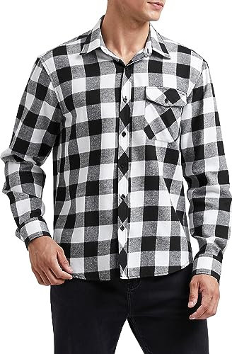 HISDERN Herren Hemd Kariertes Freizeithemd Langarm Druckknöpfe Flanellhemden Warm Holzfällerhemd Karohemd Oktoberfest Regular Fit Schwarz Weiß M