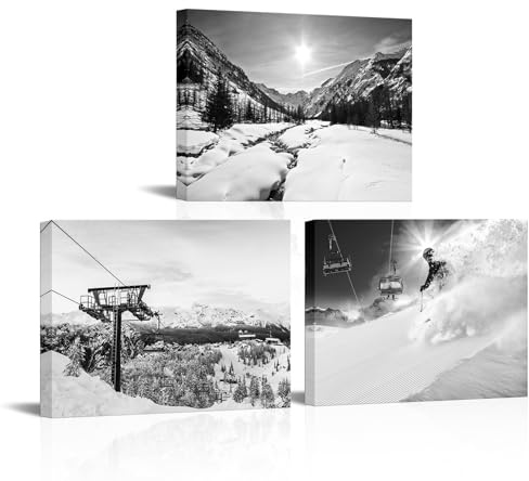 KLVOS 3-teiliges Ski-Wandbild auf Leinwand, Skilift, Schwarz und Weiß, zum Aufhängen, Motiv: Schnee und Winter, Berg, Natur, Fotodruck, Skiliebhaber, Geschenk, Zuhause, Schlafzimmer, Wohnzimmer,