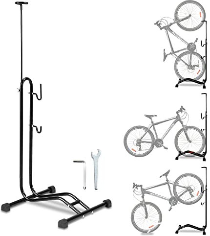 Joparri Soporte para bicicletas de suelo, soporte de bicicleta de altura ajustable, soporte para bicicletas de 20 a 29 pulgadas, para garaje y apartamento con protección de marco, 42,5 x 43,5 x 117