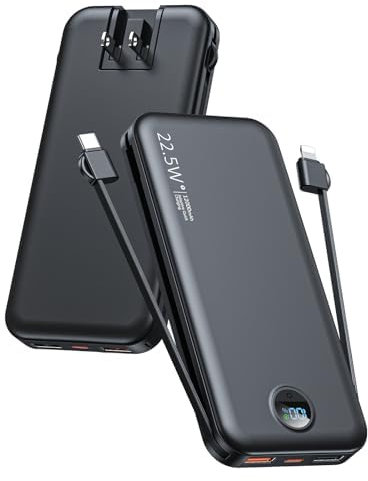 Portable Charger, 12000mAh 22.5W Type C Fast Charging Power Bank with Built-in Cables & Wall Plug, External Battery Bank with LED Display, Travel Essential Battery Pack for iPhone, iPad, Samsung Black
