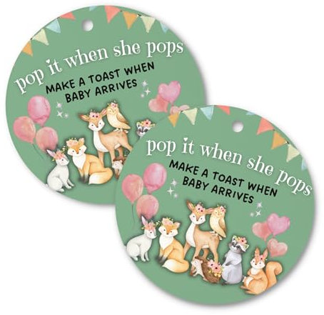 Pop It When She Pops Woodland Animals Tags | 30 pk, 2.5” Green Party Deer Hedgehog Bunny Labels for Mini Champagne Bottles Pink Bubbly Baby Shower Gender Reveal Favor