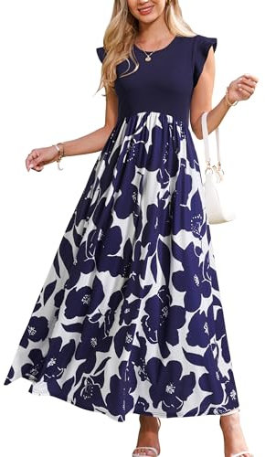OUGES Robe d'été Robe Longue Longue à Volants pour Femme, Robe d'été élégante avec Poches