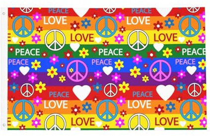 Fiokroo Hippie-Flagge mit Friedenszeichen und Liebe, 90 x 150 cm, Polyester, Gartenflagge, Friedensymbole, doppelseitiges Banner für Hof, Rasen, Veranda, Balkon, Heimdekorationen