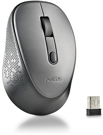 NGS Dew Gray – Mouse ottico wireless, mouse ergonomico, mouse wireless silenzioso per laptop, alta precisione con ricevitore nano, ambidestro, DPI regolabile 800/1600, plug and play