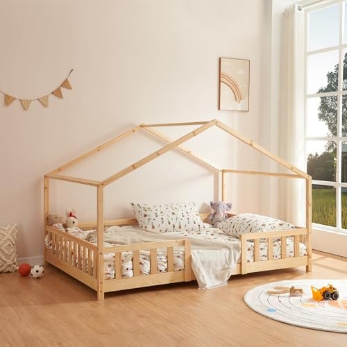 [en.casa] Letto per Cameretta a Forma di Casetta con Barriera di Protezione Letto Piazza e Mezza per Bambini Struttura in Legno di Pino 120 x 200 cm Naturale