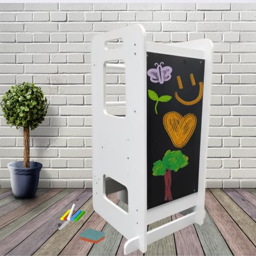 Torre de Aprendizaje Montessori de Madera Natural -Torre de Aprendizaje Parra bebé con Altura Regulable, Taburete Seguro para niños, Torre Montessori con FSC para niños con Pizarra (Blanco)
