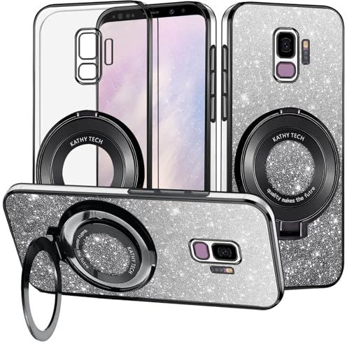 Yarxiawin für Samsung Galaxy S9 Hülle Silikon Transparent Glitzer Magnetisch Aesthetic, Kompatibel mit Magsafe Handyhülle für Samsung S9 mit Ständer Schutzhülle (Schwarz)