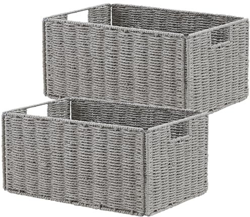 Vagusicc Wicker Storage Basket, Set of 2 Hand-Woven Paper Rope Wicker Basket, Small Storage Baskets for Organizing Toilet Paper, Foldable Large Cube Storage Organizer Bins for Shelves (Grey)