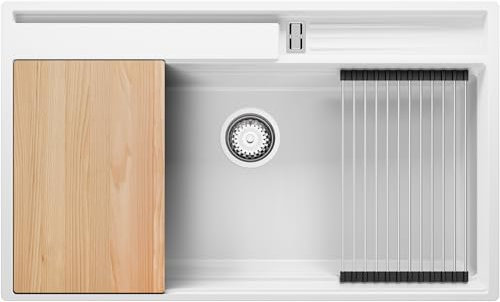 PRIMAGRAN Fregadero Cocina Blanco 88x53cm, Granito 1 Seno + Sifón + Accesorios, Sobre encimera al mueble 90cm - Oslo Pocket