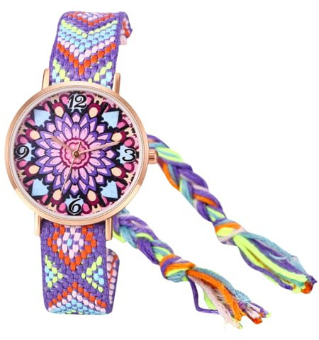 JewelryWe Damenuhr Boho Blumen Uhr: Bohemian Stil Bunt Verstellbar Geflochten Seil Armband Analog Quarz Armbanduhr Damen Lässige Uhr mit Rundem Blumendruck Zifferblatt, Blau Violett Orange