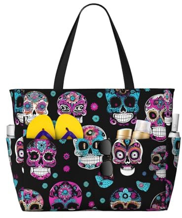 Strandtasche mit buntem Totenkopf-Aufdruck, Tragetasche für Damen, große Strandtasche, Pooltasche für Strand, Fitnessstudio, Reisen, Sport, Schwarz, Einheitsgröße, Schwarz, Einheitsgröße