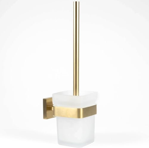 Pebble Grey™ Manhattan Wall Mounted Toilet Brush & Holder for Bathroom, Industrial Style Toilet Cleaner Brush, Contemporary Design, Anti-Rust, Wall Mounted with Screws (Brushed Brass)