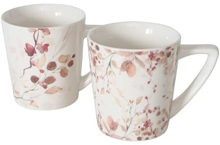 2er SET Kaffeetassen Herbstlaub b057 floral Blumen braun weiss grau rosa creme Herzen Tassen Kaffeebecher 300ml Teetassen Kaffee Tassen Geschenkset Landhaus Blumengarten Indian Summer