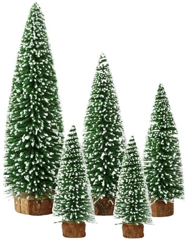 Árboles modelo, árboles en miniatura, 5 unidades de árboles de Navidad de 20 cm, cepillo de botella flocado, árboles de Navidad con bases de madera, árboles de Navidad para decoración de Navidad de