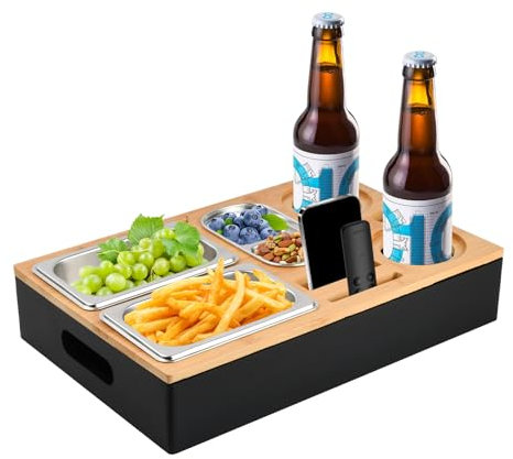 Focenat Plateau de Canapé en Bambou, Plateaux à Snacks avec 2 Porte-gobelets, 3 Bols à Collation, Organiseur de Canapé, Tablette de Canapé Amovible, Plateau de Service, Plateaux à Collations