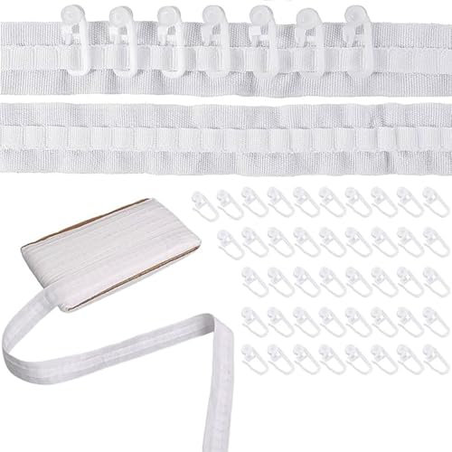 Gardinenband Kräuselband, Faltenband Falten, 30m x 2,5cm, mit 50 Stück Vorhanghaken, Abnehmbar Gardinenband, für Vorhängen, Hängenden Tüchern und Duschvorhängen, Weiß