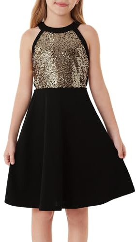 GRACE KARIN Mädchen Pailletten A-Linie Kleid Ärmellos Neckholder Ausschnitt Partykleider Elegante Prinzessinnenkleider Geburtstagsfeier Elegante Kleider Schwarz 8 Jahre