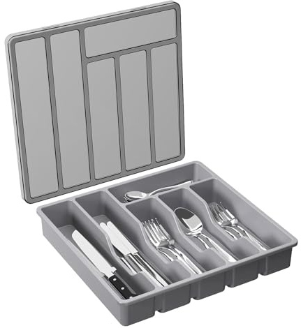 Bandeja para cubiertos con tapa - | Organizador de duradero | Almacenamiento de cubiertos y utensilios | 6 compartimentos para cucharas, tenedores, cuchillos | Porta cubiertos cubierto | Idea