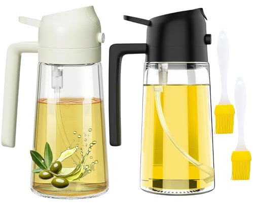 2Pcs 2-in-1 Oil Sprayer for Cooking Air Fryer, Glass Oil Spray Bottle, 20oz/600ml Olive Oil Dispenser with Premium Nozzle, Kitchen Gadgets for BBQ, Salad (Black & White)