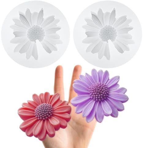 Wanmu 2 Pcs Cute Daisy Silicone Moulds 3D Chocolate Floral Fondant Molds for Cake Decorating Flower Polymer Clay Unique Resin DIY Soap Wax Ice Cube Jello Moulds for Baking