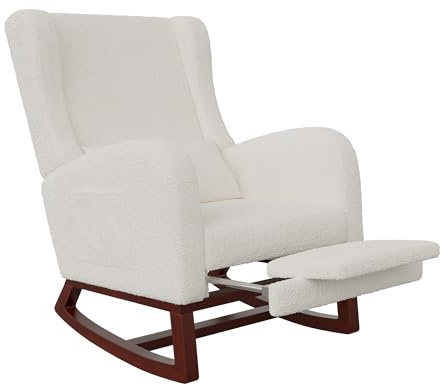 Schaukelstuhl mit Beinstütze, Sessel Outdoor-Schaukelstuhl aus Holz mit Rückenlehne, Stillstuhl für Schlafzimmer mit und Lendenkissen & 2 Seitentaschen, Wohnzimmer, Balkon (Lammwolle, Off-White)