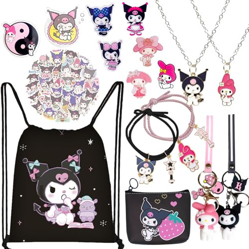 ELIE&EASON Kuromi Lot de 16 autocollants Kuromi Merch, cadeau pour les fans avec sac à cordon de serrage, sac à dos, collier, porte-clés, bracelets, portefeuille, badge, téléphone, anneau support