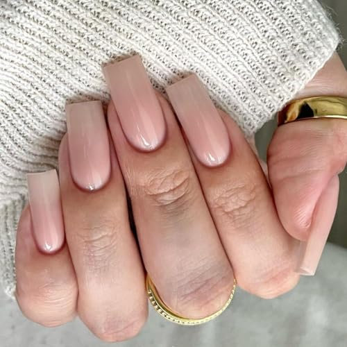 KQueenest Press On Nails Lange Mandel Eckig, Sarg Nägel zum Aufkleben Nude, Glänzende Jelly-Gel Fake Nails Fingernägel zum aufkleben Ballerina, Einfarbig Acryl Kunstnägel für Frauen, 24 Stück