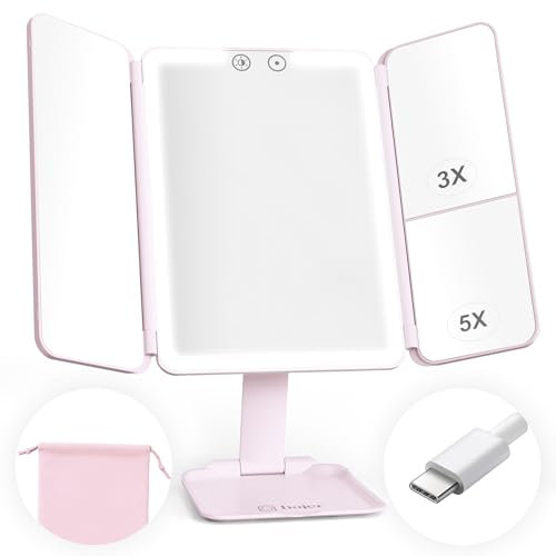 hajer Miroir Maquillage Rose Lumineux à LED Baby Pink + Pochette de Transport, Grossissant 1X/3X/5X, 3 Modes, Tactile et Rechargeable USB-C avec Batterie en Lithium. Portable et Pliable de Voyage.