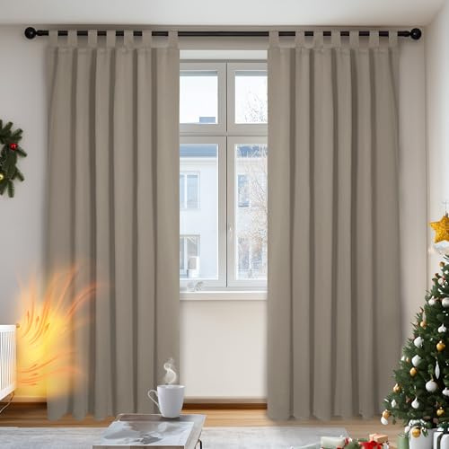 Deconovo Blickdichter Vorhang mit Schlaufen Verdunkelung Dicke Gardinen Wohnzimmer Thermogardinen gegen Kälte Vorhänge Schlafzimmer Verdunklungsvorhänge, 145x140 cm(HöhexBreite), Taupe, 2er Set