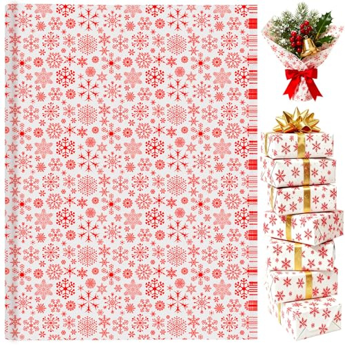 60 Sheets Christmas Snowflake Tissue Paper for Gift Bags, PLULON Red Christmas Gift Wrapping Paper Bulk Floral Packaging Art Crafts Garlands Winter Holiday Xmas Party Decorations 35 × 50cm
