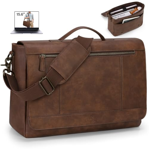 RAINSMORE Leather Messenger Bag for Men 15.6 Inch Waterproof Laptop Bag Vintage Computer Briefcase Large Shoulder Satchel Bags for Work Business Office College