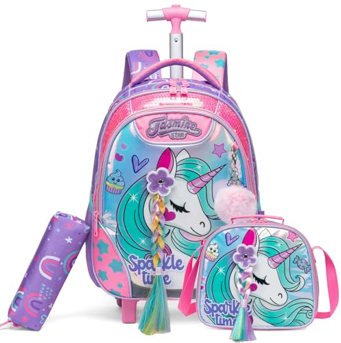 Egchescebo Mochila con Ruedas Carrito para Escolar Niña Mochilas Niñas Escolares Juego Fiambrera y Portalápices Maleta Lonchera Viaje Escuela Adecuado Primaria 5-12 Años Rosa con Coletas Unicornios