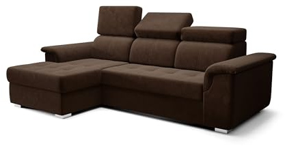 O-Sofa Ecksofa Kongo RBN06, Eckcouch in L-Form mit Schlaffunktion, Farbe: Dunkelbraun, Velourstoff, Ottomane Links