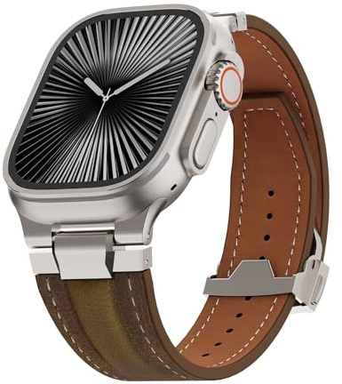 Rugged Leather Band Compatible with Apple Watch Ultra Band 49mm 46mm 45mm 44mm for Men/Women,Vintage Genuine Leather Replacement Strap for iWatch Ultra 3 2 1,SE 3 2 1,series 11 10 9 8 7 6 5 4