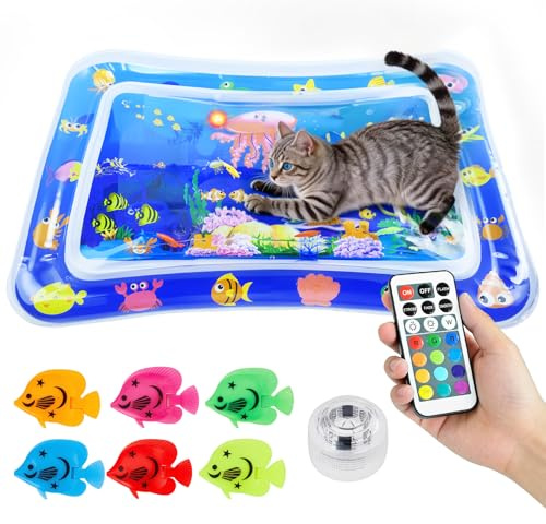 KATELUO Tapete de Agua Sensorial Gatos, LED Gato Estera de Agua, Alfombra Aguas Gatos Juguete, Cama de Aguas para Gato, Alfombra de Aguas Sensorial para Uso Interior y Exterior en Verano