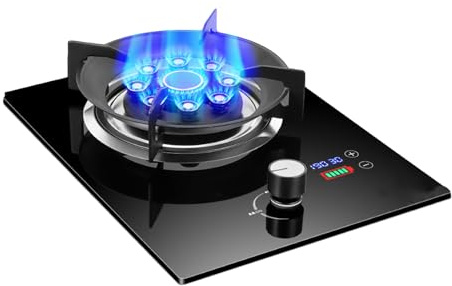 Réchaud à gaz pour cuisine intérieure, table de cuisson de camping-car 7,0 kW, minuteur à 9 cavités, protection anti-flamme, grille en fonte en verre trempé