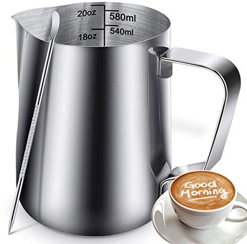 600ml Milchkännchen zum Milchaufschäumen Edelstahl, Milchkanne mit Messung Mark und Latte Art Pen 20oz für Barista, Milch Pitcher für Cappuccino, Latte Art,Espresso, Perfekt für Kaffeeliebhabe