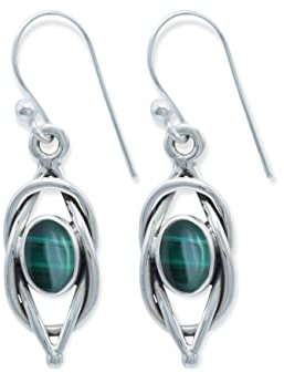 mantraroma Ohrringe 925 Silber Malachit grüner gestreifter Stein Edelstein Ohrhänger echt Silber Damen Sterling Silber Hänger Geschenk (MOH-142-10)
