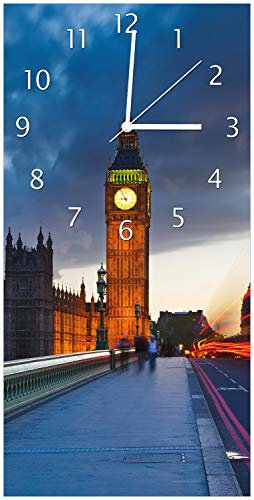 Wallario Design-Wanduhr London- Big Ben bei Nacht aus Glas, Motiv-Uhr Größe 30 x 60 cm, weiße Zeiger