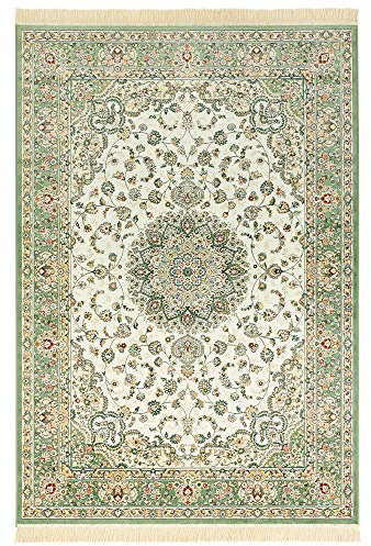 Nouristan Naveh Orient Teppich – Wohnzimmerteppich Orientalisch Kurzflor mit Fransen Vintage Orientalischer Samt-Teppich für Esszimmer, Wohnzimmer, Schlafzimmer – Ivory Grün, 135x195cm