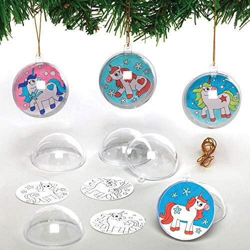 Baker Ross Festive Unicorn Colour in Baubles – Pack of 8, Bauble Craft Kits for Kids, Make Your Own Christmas Decorations (AX555)