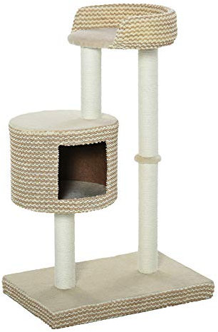 PawHut Arbre à Chats Style Cosy Chic griffoirs Jute Naturelle Niche Plateforme Peluche Courte Bicolore Beige café