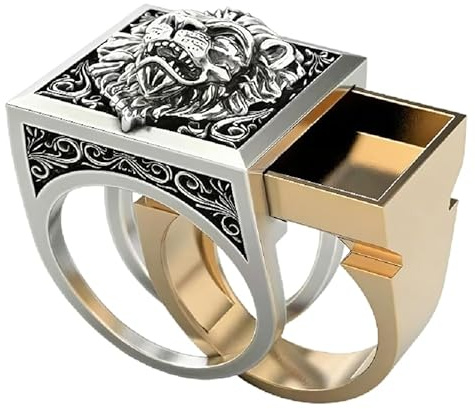 LVSHI Herren-Ring mit brüllendem Löwenkopf, Vintage-Stil, graviert, geschnitzt, Bandringe mit versteckter Mini-Aufbewahrungsbox, Hip-Hop-Party, zweifarbiger Schmuck, einzigartiges Geschenk für Herren