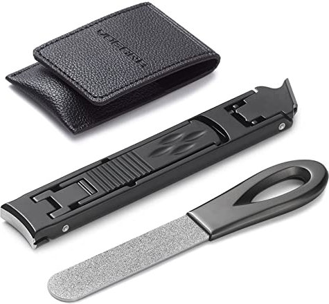 VOGARB Portable Nail Clippers for Thick Nails Ultra Slim Folding Safety Lock Wide Jaw Opening Cutter with File Travel Double Head Curved and Bevel Trimmer for Toenail Fingernail (Black with File)