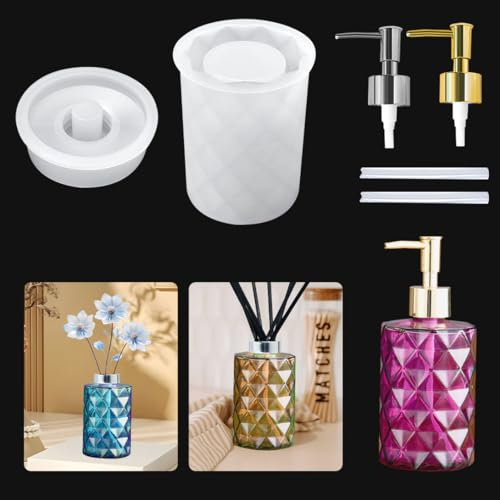 Koonafy 6 Pcs Silikonform Epoxidharz Formen,Resin Gießform kit, Silikon Form Flasche +Pumpe und Strohhalm,Bottle Resin Molds Für Küche, Stifthalter (Rhombus)