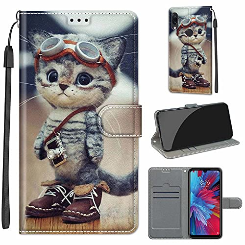 TOMYOU Cover per Xiaomi Redmi Note 7 / Note 7 Pro, gatto di moda | Antiurto Protettiva Portafoglio, Slot per Schede, Magnetica, Custodia in Pelle PU, Libro Flip,Funzione Stand